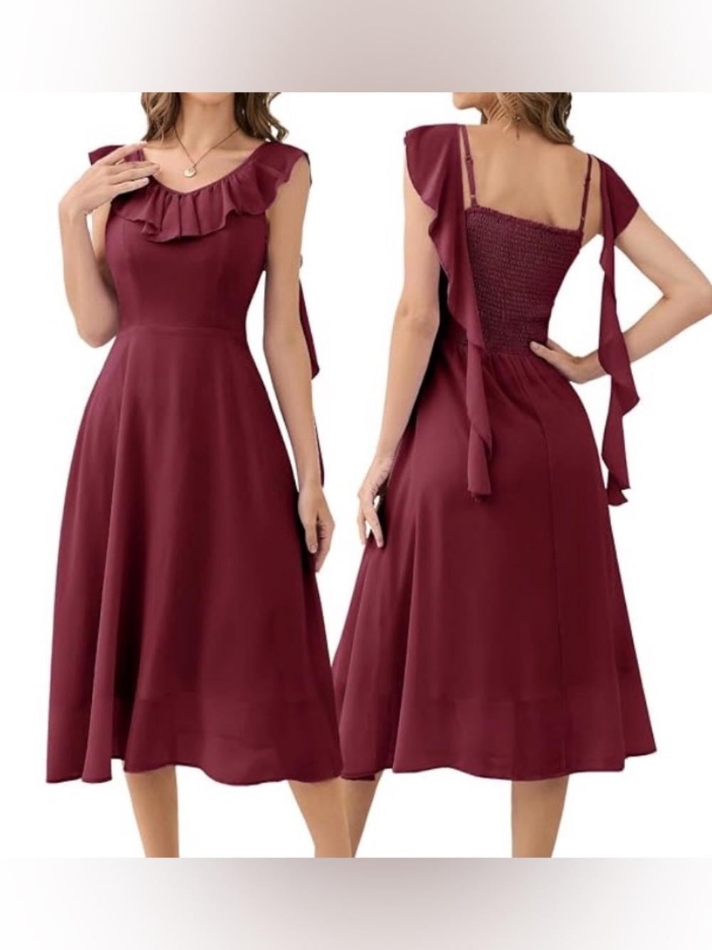 Homrain Chiffon Sleeveless Midi Dress Burgundy Smocking Ruffle Large PTP 19” NWT